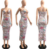 SC Sexy Printed Hollow Out Cross Strap Maxi Dress JPF-1048