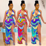 SC Sexy Tie-Dye Halter Hollow Split Long Dress QSF-51017