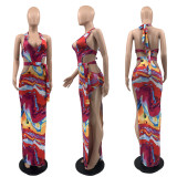 SC Sexy Tie-Dye Halter Hollow Split Long Dress QSF-51017