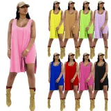 SC Loose Solid Color Long Vest Shorts Two Piece Sets TE-4263