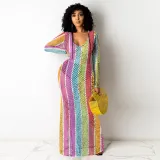 SC Colorful Striped Gird Hollow Out Long Club Dress TE-4224