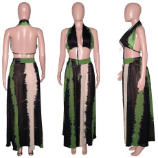 SC Colorblock Halter Print Sexy Long Skirt Suit SH-390155