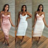 SC Sexy Halter Backless Ruched Midi Dress YH-5230