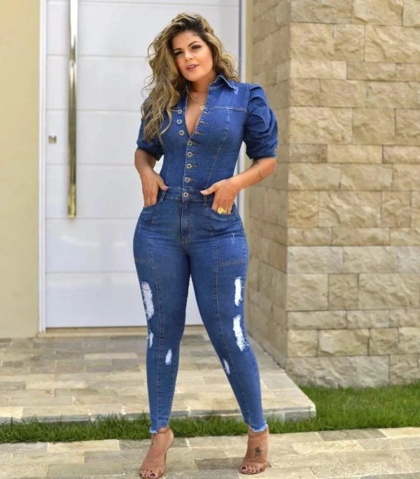 SC Plus Size Denim Ripped Puff Sleeve Jeans Jumpsuit LX-6882