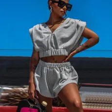 SC Casual Solid Sleeveless Zipper Two Piece Shorts Set DMF-8180