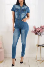 SC Plus Size Denim Zipper Skinny Jeans Jumpsuit LX-6056