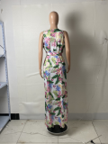 SC Plus Size Printed Sleeveless V Neck High Split Maxi Dress YFS-2042