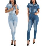 SC Plus Size Denim Zipper Skinny Jeans Jumpsuit LX-6056