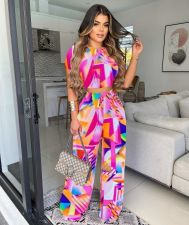 SC Casual Printed Short Sleeve Wide Leg Pants 2 Piece Sets XSF-6060