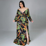 SC Plus Size Sexy Printed V Neck Long Sleeve Split Maxi Dress SFY-2117