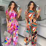 SC Casual Printed Short Sleeve Wide Leg Pants 2 Piece Sets XSF-6060