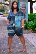 SC Plus Size Printed V Neck Pocket Loose Romper NYF-8078