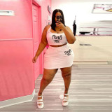 SC Plus Size Pink Letter Print Tank Top Mini Skirt 2 Piece Sets WAF-77225