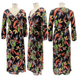 SC Plus Size Sexy Printed V Neck Long Sleeve Split Maxi Dress SFY-2117