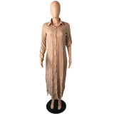 SC Plus Size Solid Long Sleeve Split Long Shirt Dress QYF-5065