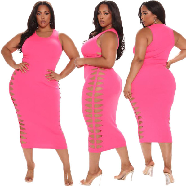 SC Plus Size Solid Sleveless Hollow Out Midi Dress CQ-CQ131