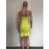 SC Yellow Ruched Ruffled Spaghetti Strap Mini Dress BN-B826