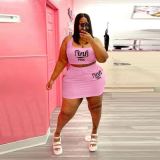 SC Plus Size Pink Letter Print Tank Top Mini Skirt 2 Piece Sets WAF-77225