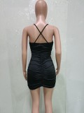 SC Sexy Solid Ruched Backless Cross Strap Mini Dress BN-9289