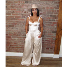 SC Sexy Satin Sleeveless Strap Wide Leg Jumpsuit BN-9286