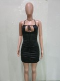 SC Sexy Solid Ruched Backless Cross Strap Mini Dress BN-9289