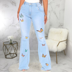 SC Plus Size Fashion All-match Slim Butterfly Embroidered Flare Jeans HSF-2334