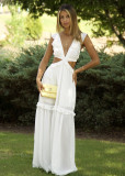 SC Sexy Ruffled V Neck Backless Hollow Maxi Dress RUF-8939