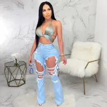 SC Plus Size Fashion Trend Ripped High-waist Flared Jeans HSF-2525