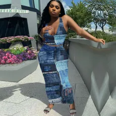 SC Sexy Printed Tank Top Long Skirt 2 Piece Sets BDF-8088
