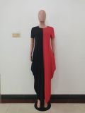 SC Contrast Color Short Sleeve Pocket Loose Maxi Dress AL-260
