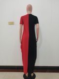 SC Contrast Color Short Sleeve Pocket Loose Maxi Dress AL-260