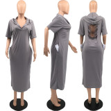 SC Plus Size Solid Color Ripped Hole Hooded Maxi Dress LFDF-90012