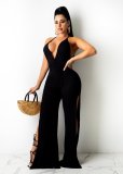 SC Solid Ribbed V Neck Backless Cross Strap Jumpsuit SXF-26124