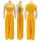 SC Solid Sleeveless Crop Top Wide Leg Pants 2 Piece Sets SFY-2123