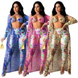 SC Floral Print Bra Top+Long Cloak+Pants 3 Piece Sets TE-4290