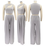 SC Solid Sleeveless Crop Top Wide Leg Pants 2 Piece Sets SFY-2123