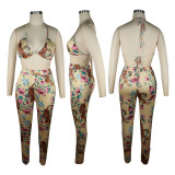 SC Floral Print Bra Top+Long Cloak+Pants 3 Piece Sets TE-4290
