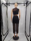SC Solid One Shoulder Crop Top+Mini Skirt+Mesh Long Dress 3 Piece Sets MTY-6561
