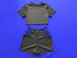 SC Sexy Solid Short Sleeve Hollow Shorts 2 Piece Sets MEI-9193