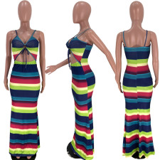 SC Colorful Striped Spaghetti Strap Maxi Dress XSF-6063