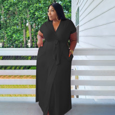 SC Plus Size Solid V Neck Short Sleeve Maxi Dress BDF-8090