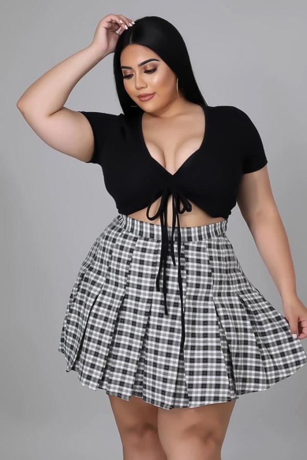 SC Plus Size Short Sleeve Plaid Skirt Two Piece Sets XYF-9110