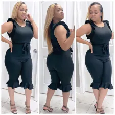 SC Plus Size Ruffled Sleeveless Sashes Calf-Length Jumpsuit MOF-6636