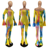 SC Tie Dye Print Slash Neck Flare Jumpsuit WSM-5265
