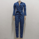 SC Casual Denim Long Sleeve Sashes Jeans Jumpsuit HSF-2922