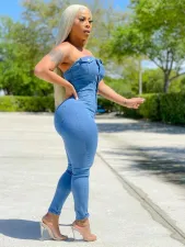 SC Plus Size Denim Off Shoulder Strapless Jeans Jumpsuit LX-6061