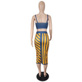 SC Sexy Crop Top+Split Striped Midi Skirt 2 Piece Sets YIY-5288