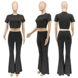 SC Solid Short Sleeve Crop Top Flared Pants 2 Piece Suits WSYF-5889