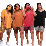 SC Plus Size Split V Neck T Shirt+Leopard Shorts 2 Piece Sets MUKF-055