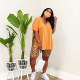 SC Plus Size Split V Neck T Shirt+Leopard Shorts 2 Piece Sets MUKF-055